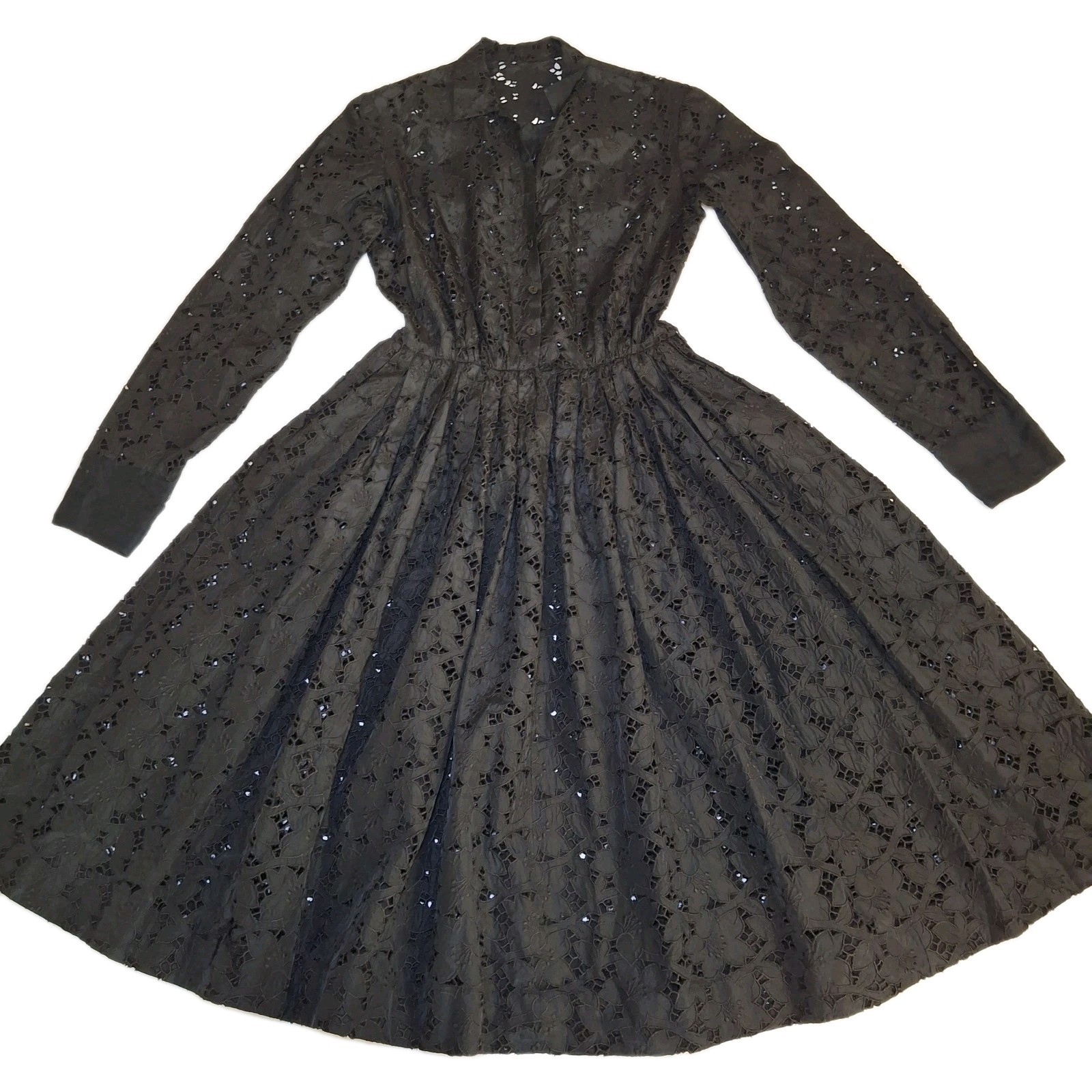 Vintage Black AFL CIO Union Made Lace Dress Classic Cinched Waist Flared Skirt