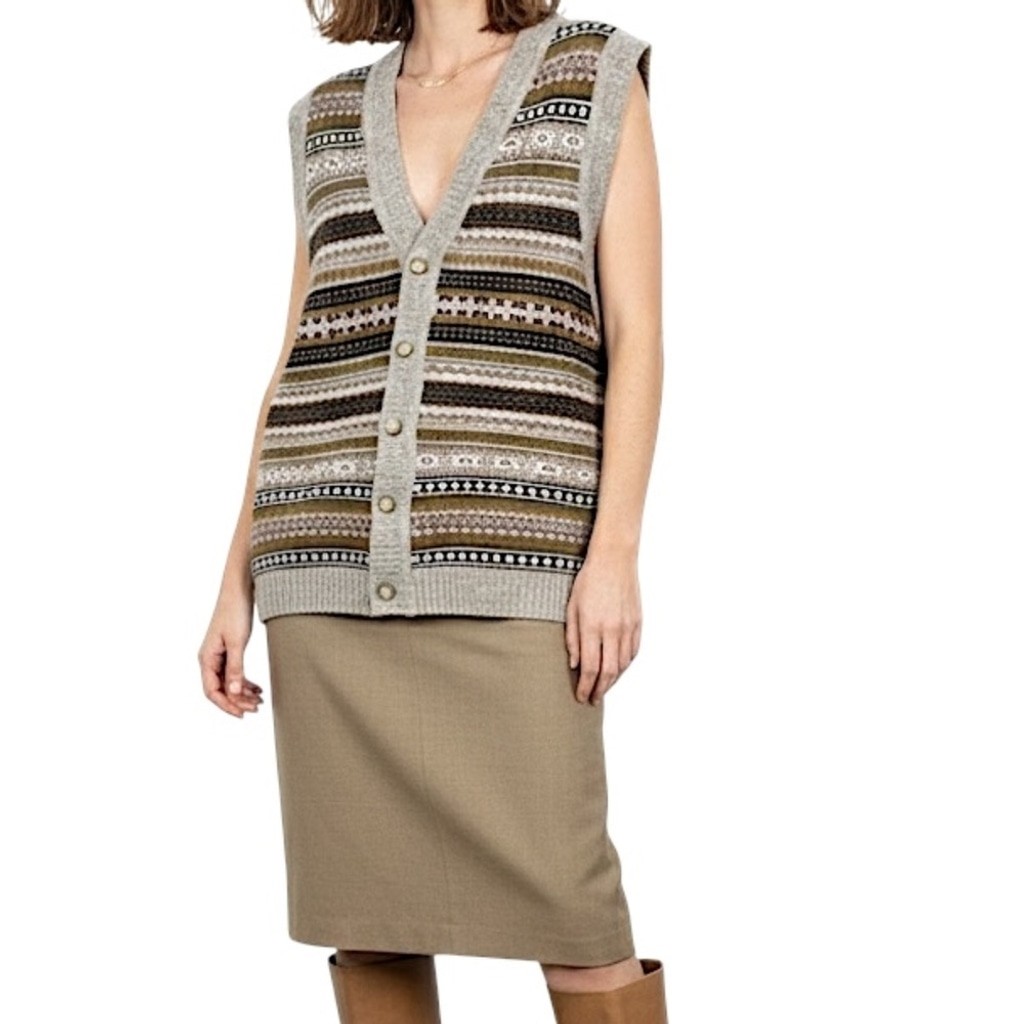 Vintage 80s 90s pure wool grey tan fair isle button front grandpa sweater vest M