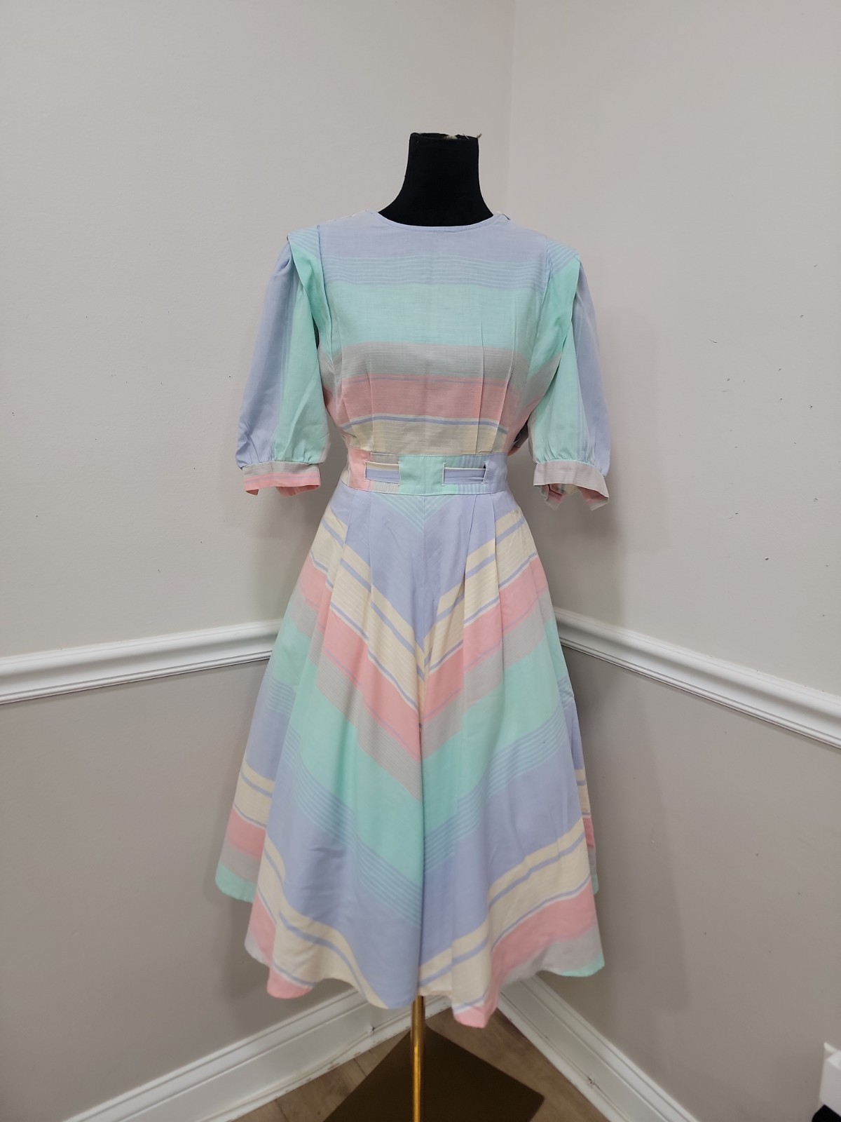 VTG 80s Pastel Stripe Fit & Flare Midi Dress Belted Cottagecore Prairie Secretar