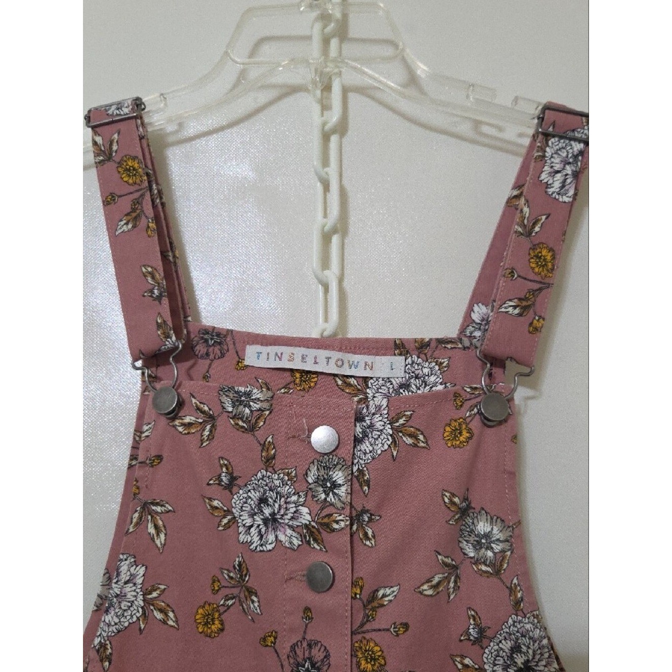 Tinseltown Mauve Floral Button Pinafore Overall Jumper Mini Dress – Size Large
