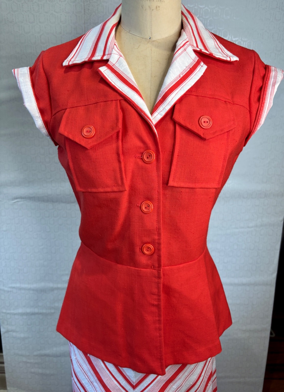 VTG 70’S WHITE&RED STRIPE 40’S INSPIRED PEPLUM JACKET&A-LINE SKIRT SET*XS/S