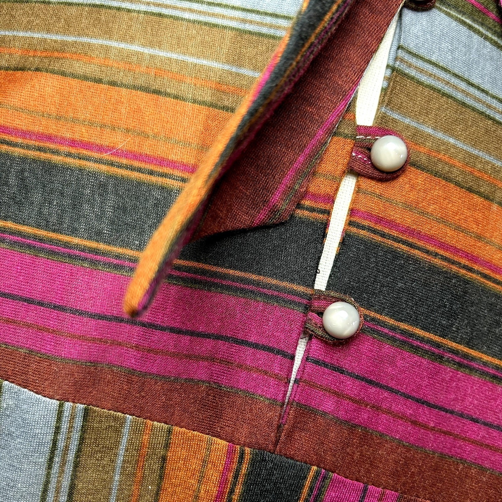 VTG 70s Knit Turtleneck Midi Dress L Pussy Bow Multicolor Bespoke Retro Twee
