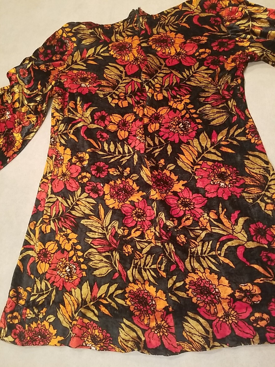 Vintage 1970s Handmade Mini Dress Orange Red Floral Design Zipper Closure Velvet