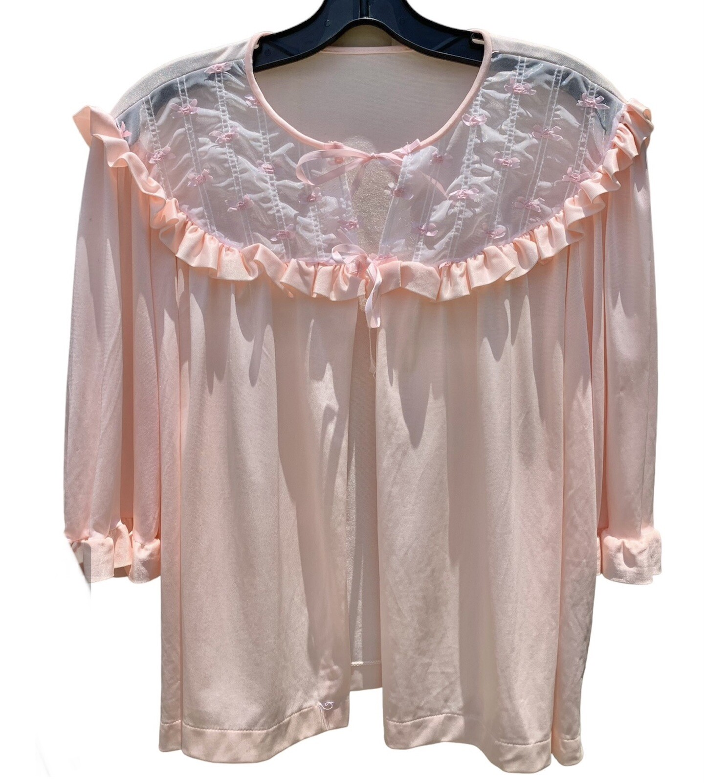 Vintage 60s Pink Ruffle Chemise Bed Jacket Size L Boudoir PJs Lingerie Coquette