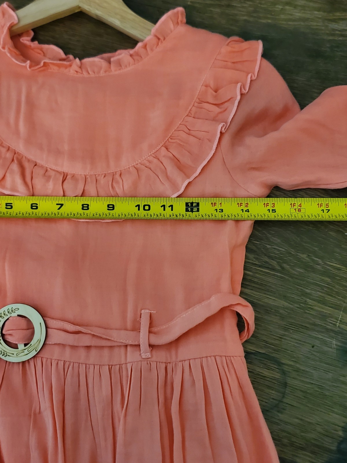 Vintage 70s Prairie Maxi Dress Girls 12 Coral Ruffle Cottagecore Salmon Tie Belt