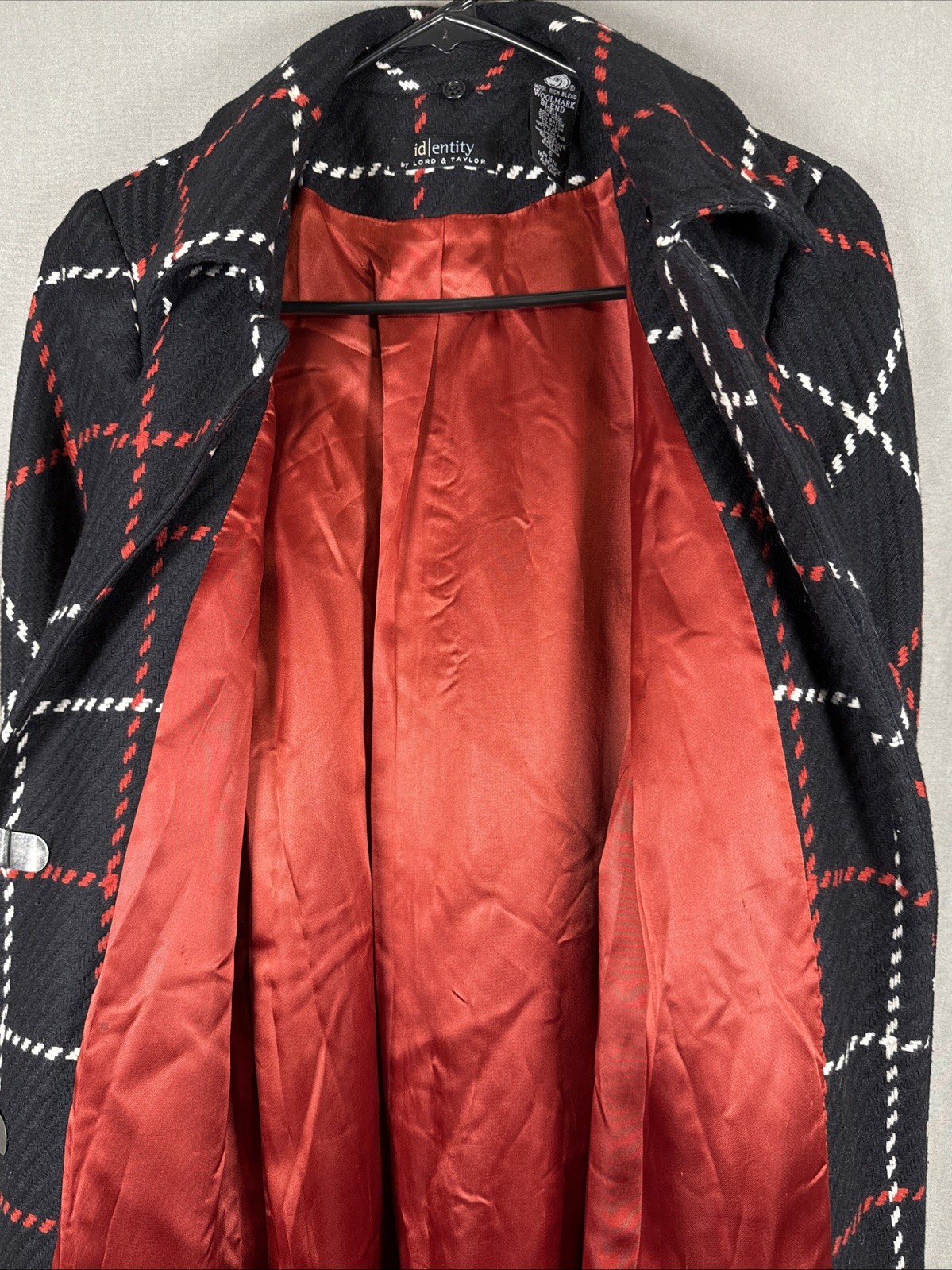 Vintage Lord & Taylor Identity Black Red White Diamond Wool Blend Coat Luxury 6