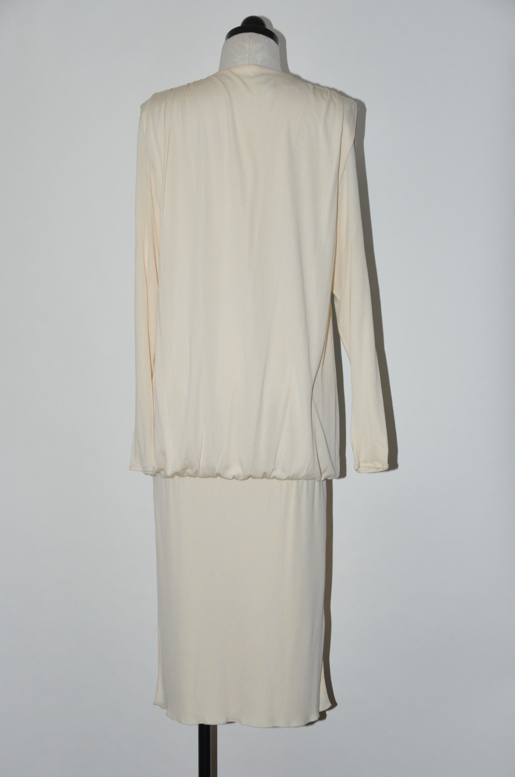 80s Vintage Cream Green Jersey Long Sleeve Deep V Draped Grecian Dress Women M L