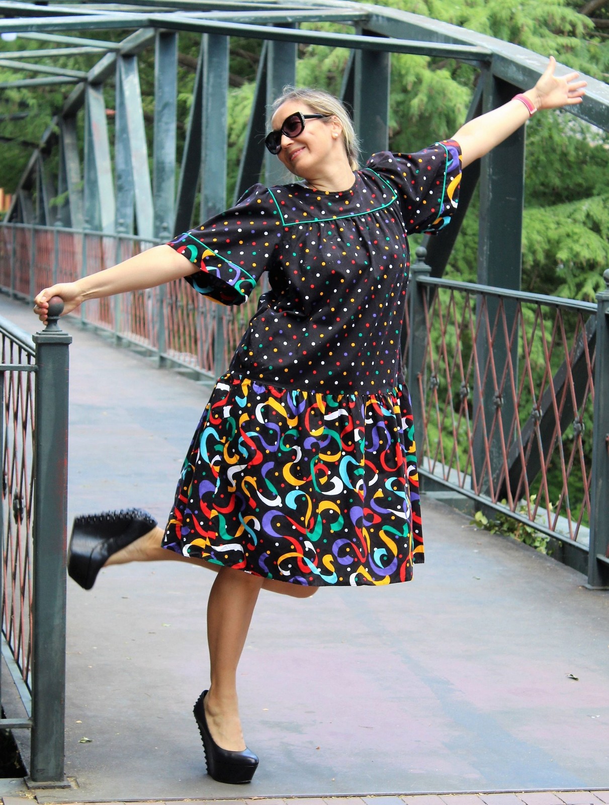 Vintage 80s Appel Caftan Dress Large Women Multicolor Cotton Loose Fit