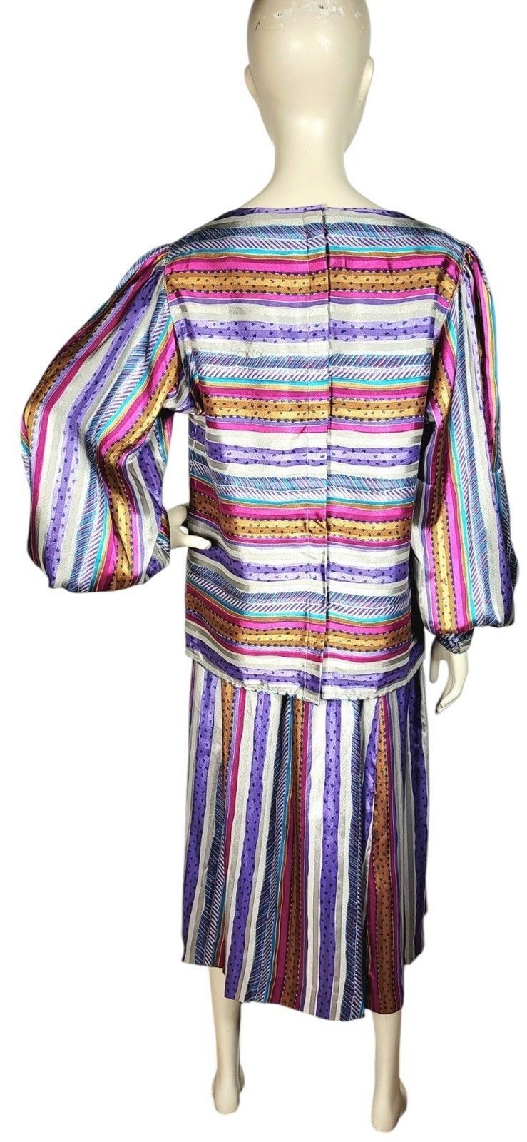 VTG 70s Evan Picone Silky Satin Mixed Media Puff Balloon Sleeve Blouse Skirt Set