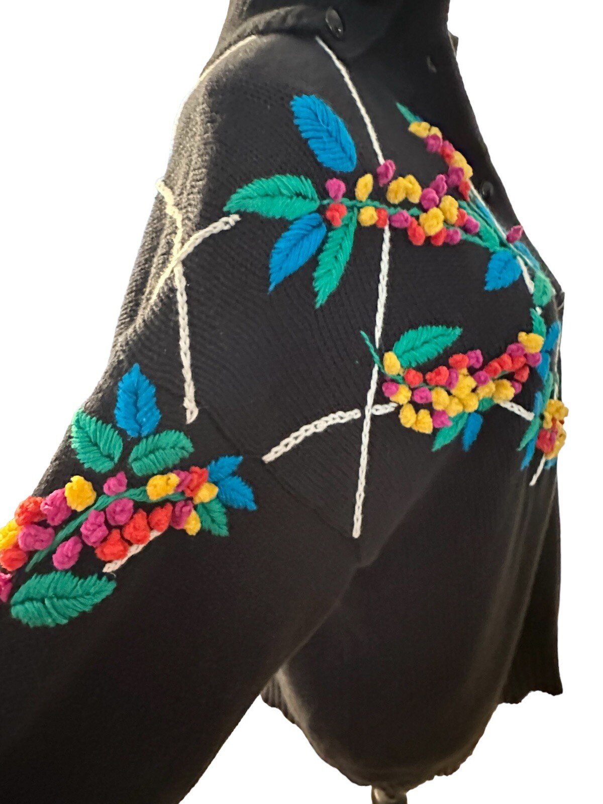 Vintage IB Diffusion Womans Black Cotton Sweater Colorful Multi Color Floral Med