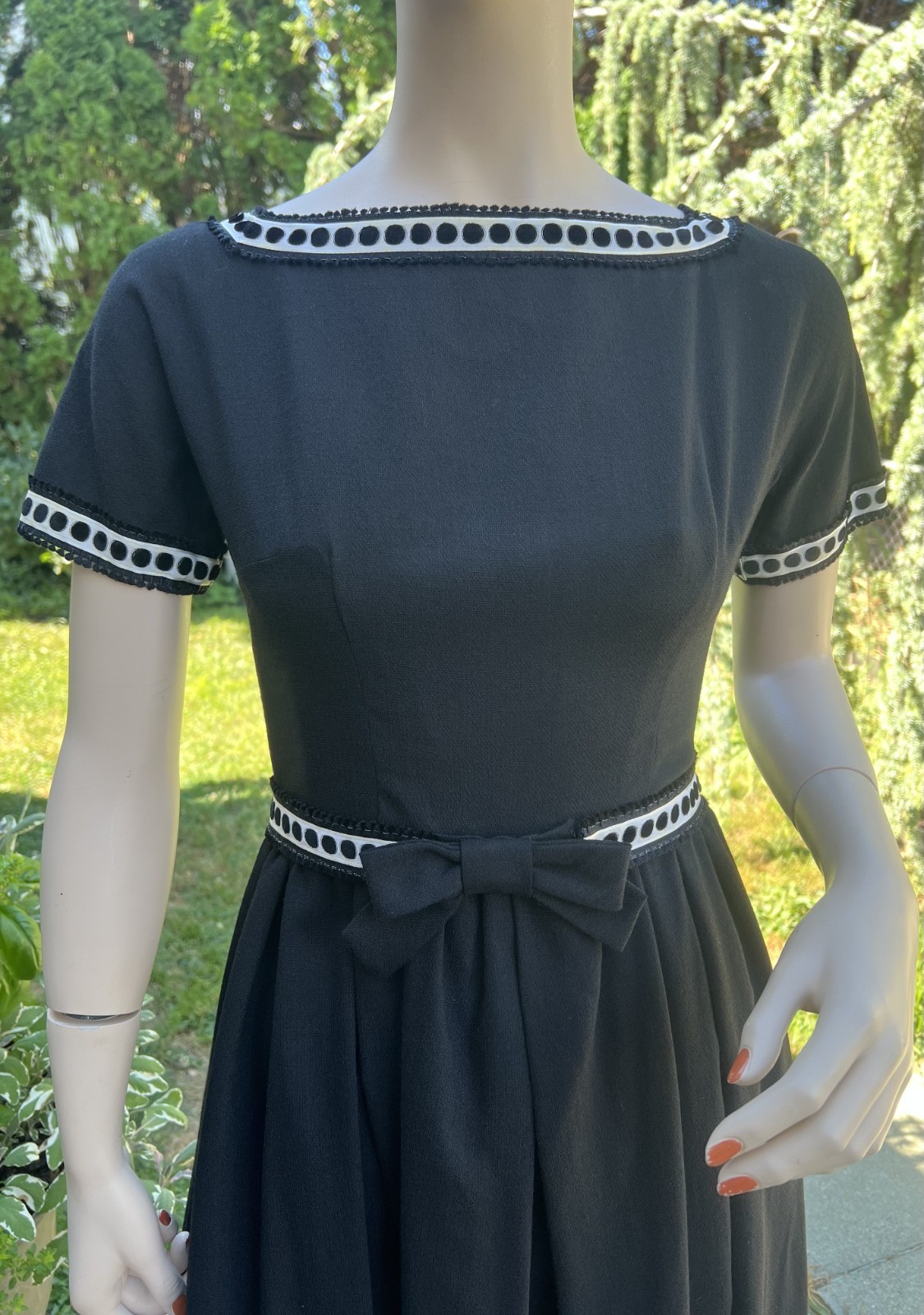 VINTAGE 1950’s BLACK WOOL DRESS W/ DOTTED RIBBON TRIM