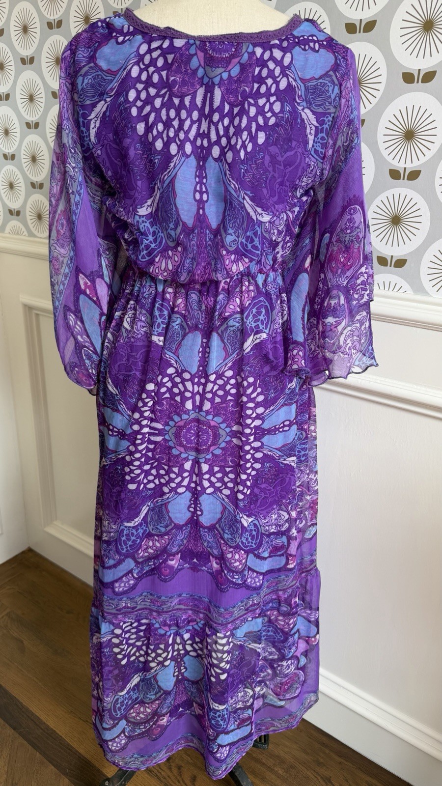 Vtg BLAIR Purple Chiffon Maxi Dress Sz Sm Petite Paisley Boho Butterfly Fairy