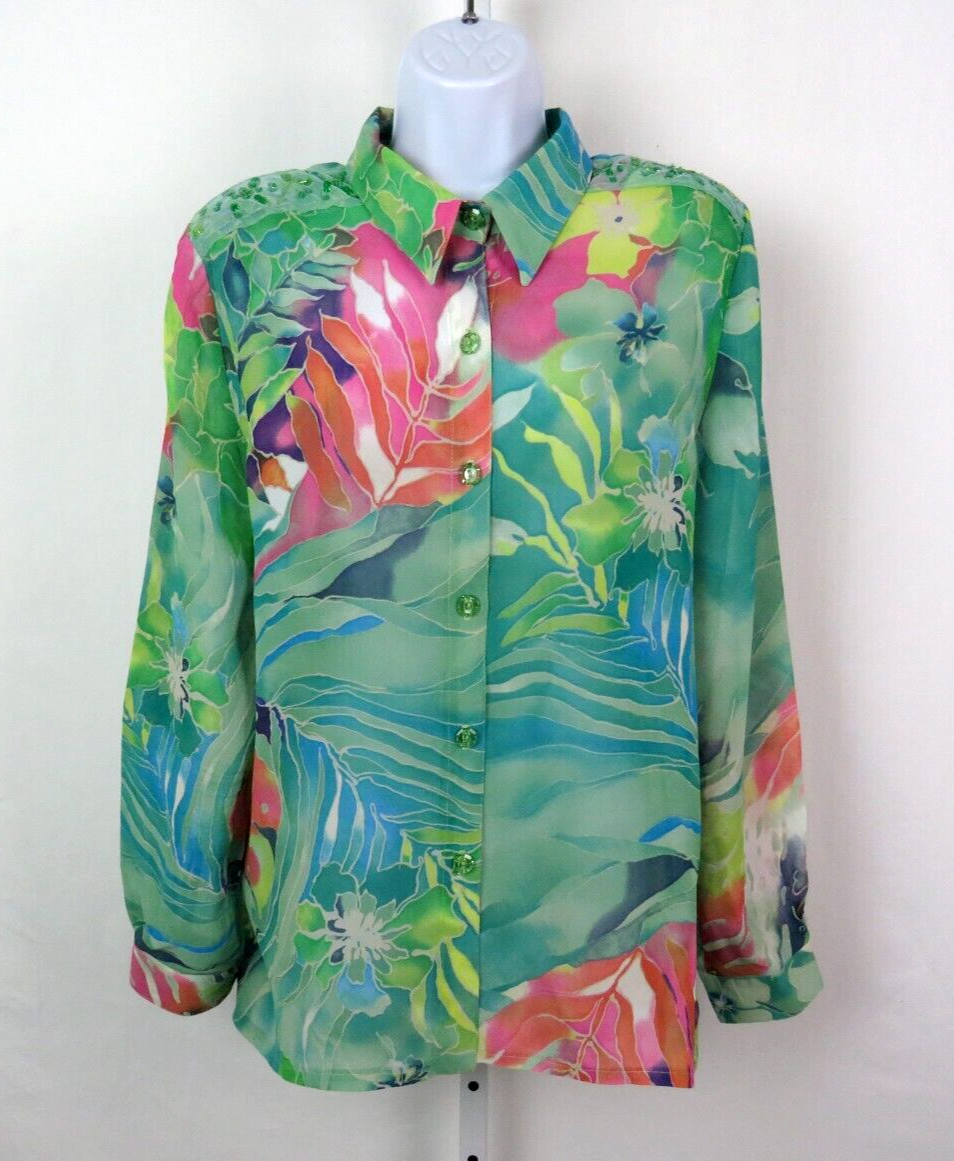 VTG 1970s SEA SUNS SEQUIN BEADED FLORAL BLOUSE SIZE XL LUCITE JEWEL BUTTONS