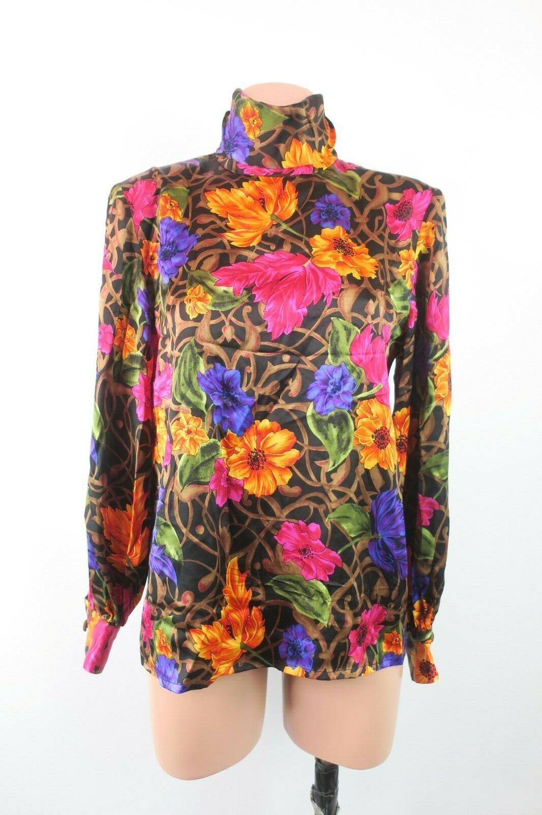 Rickie Freeman Silk Blouse Floral Turtleneck Button Abstract Teri Jon VTG