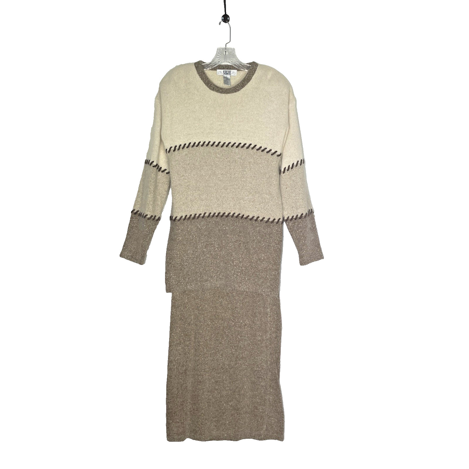 Vintage 80s Retro Segue Beige Sweater Skirt Set Dress Oversized Women’s Size M