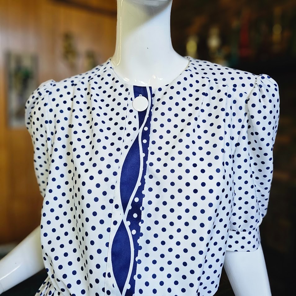 Vtg 80s Polka Dot Preppy Secretary Shirtwaist Blouson Modest Office Dress M/L