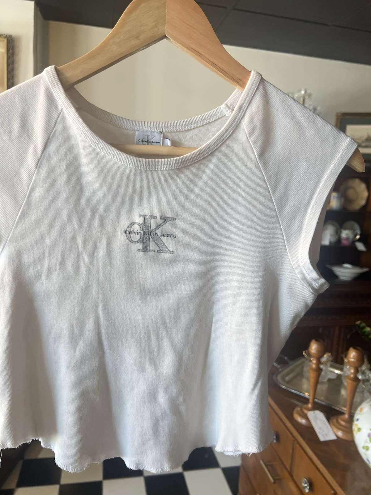 Vintage Y2K 90s Calvin Klein Logo CK Baby Tee White Silver Crop Top Large