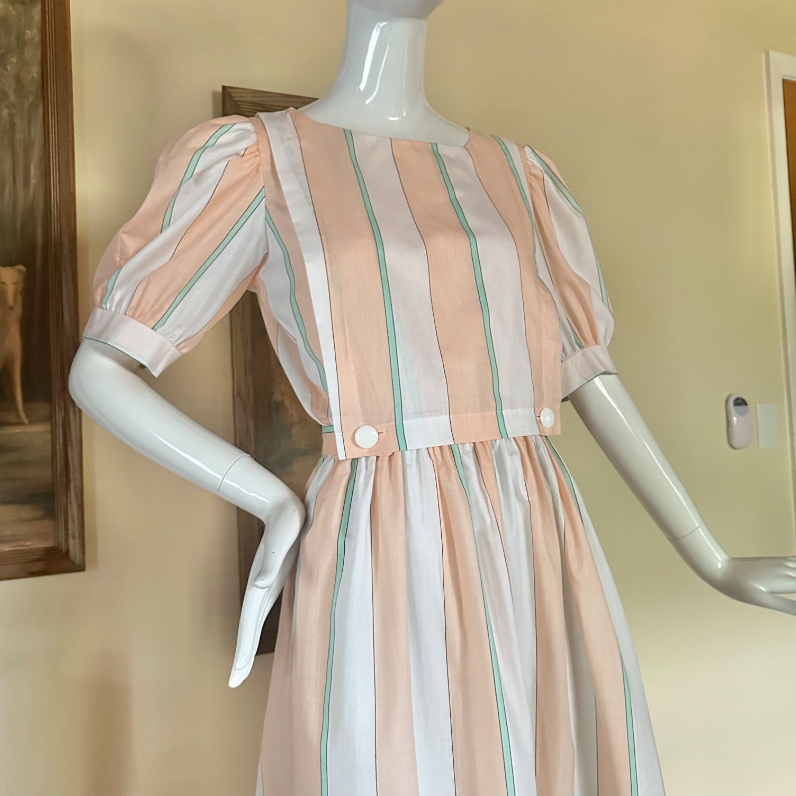 Vintage 1980s Preppy Ice Cream Pastel Striped Apron Day Dress Puff Sleeves M