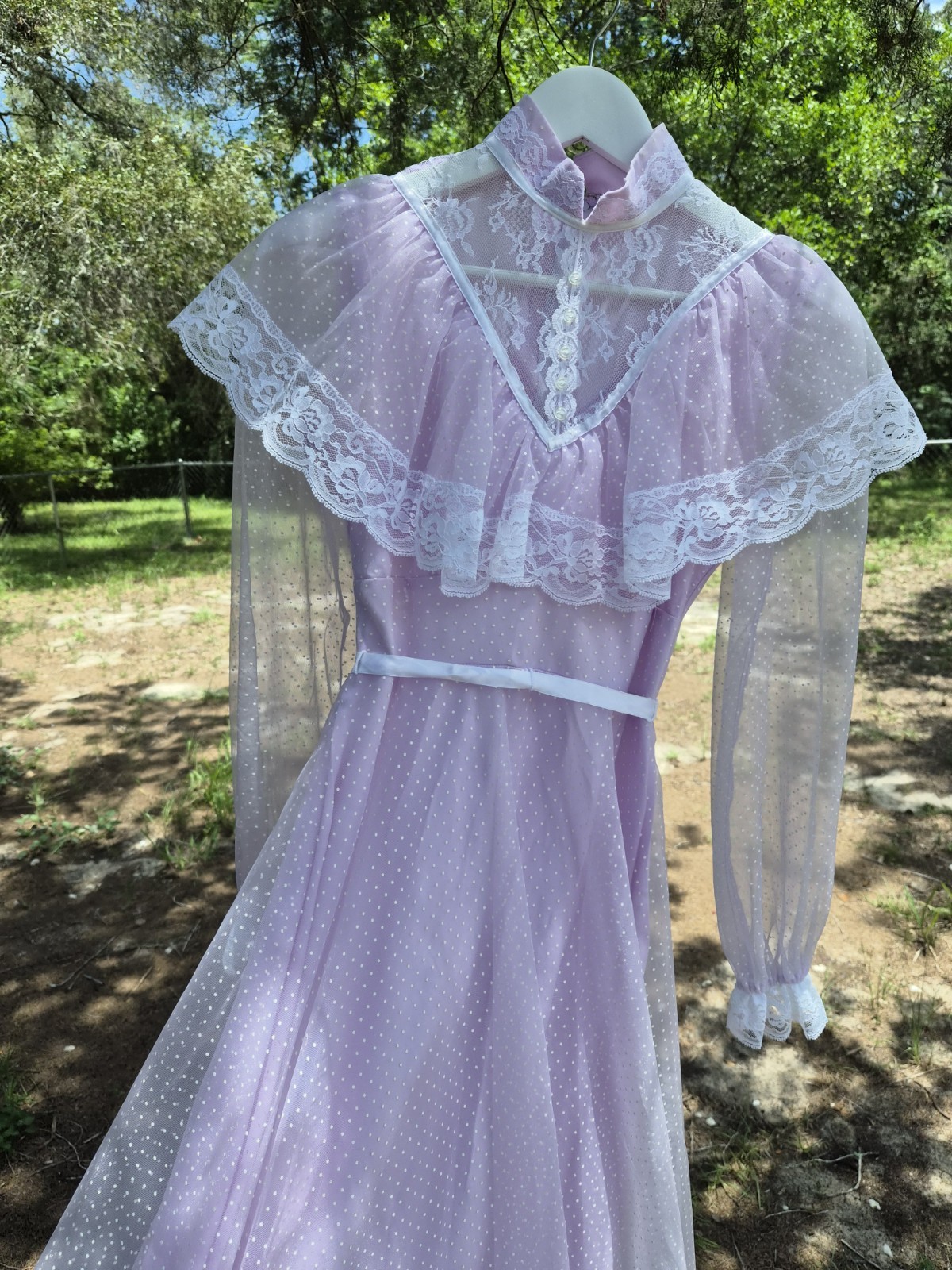 Vintage Long Sleeve Purple Bustle Romantic Sheer Long Gown Prairie Dress XS