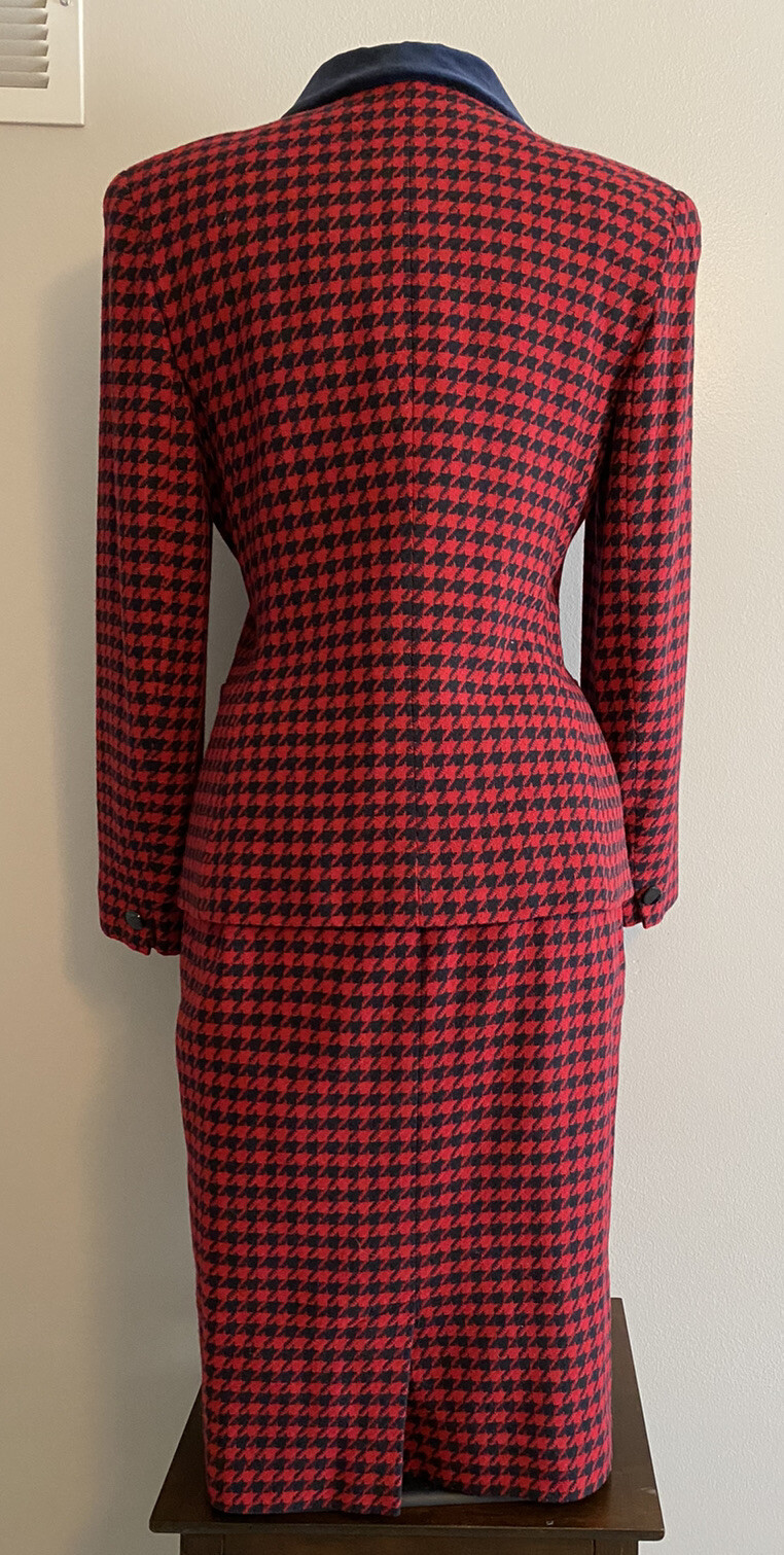 Vintage Rena Rowan for Saville Wool Jacket and Skirt Set Red Navy Houndstooth