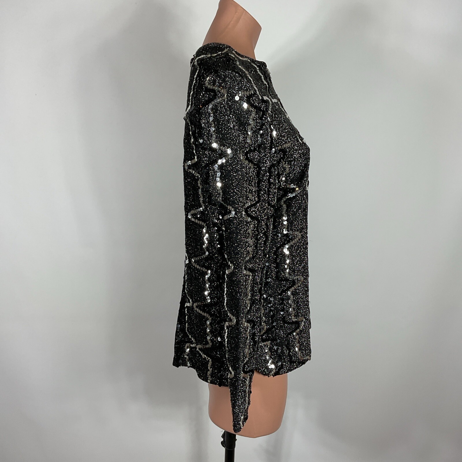 VTG 70s Elinor Gay original black silver sequin blouse top mid century sz 14 MOD