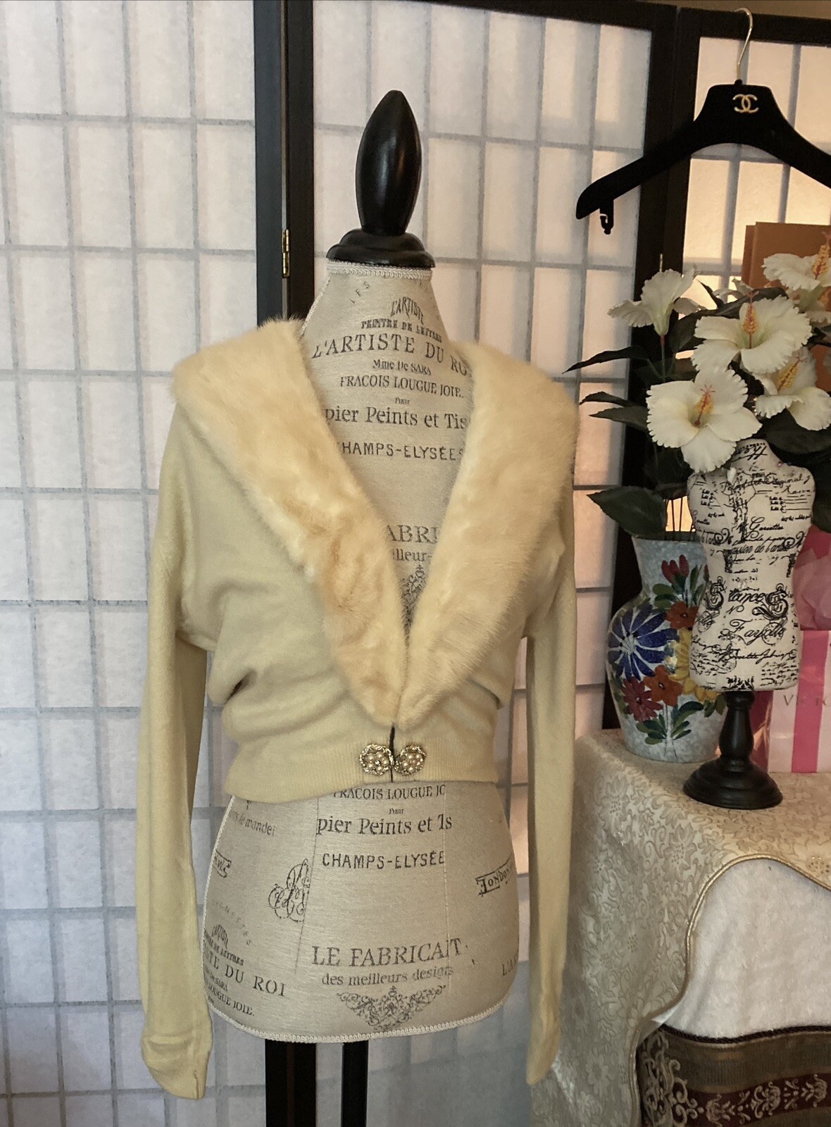 Hadley VTG 40/50s Cream Beaded Embellish Crop Cashmere Sweater Estim M 39 Bust