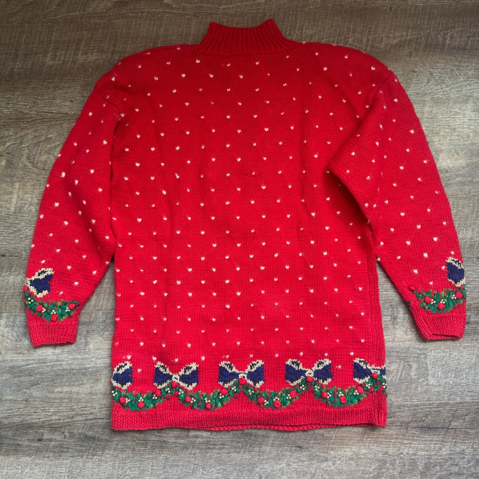 Marisa Christina Vintage Hand Knit Christmas Granny Sweater Red Teddy Bear Bell