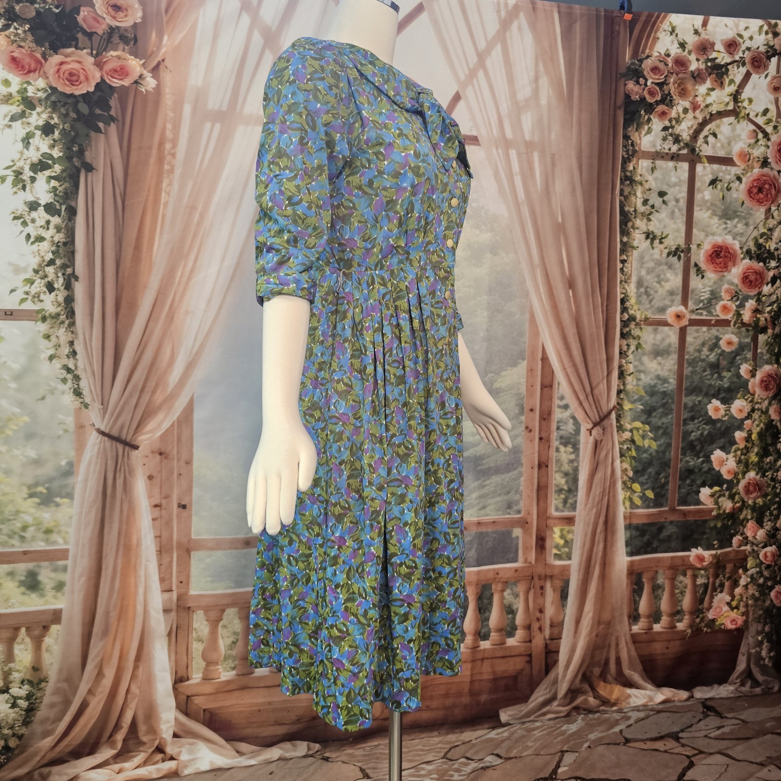 Vintage 1960’s Dress Blue Green Purple Floral Rounded Collar Necktie Retro