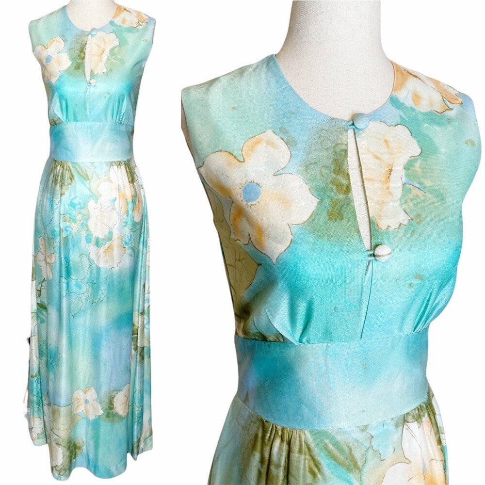 Vintage 60s Tropicana Hawaii Floral Keyhole Bodice Maxi Dress
