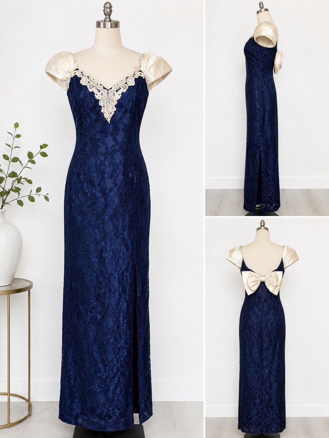 Roberta Vintage Navy Lace Maxi Gown Ivory Bow Cocktail Formal Party Dress Women