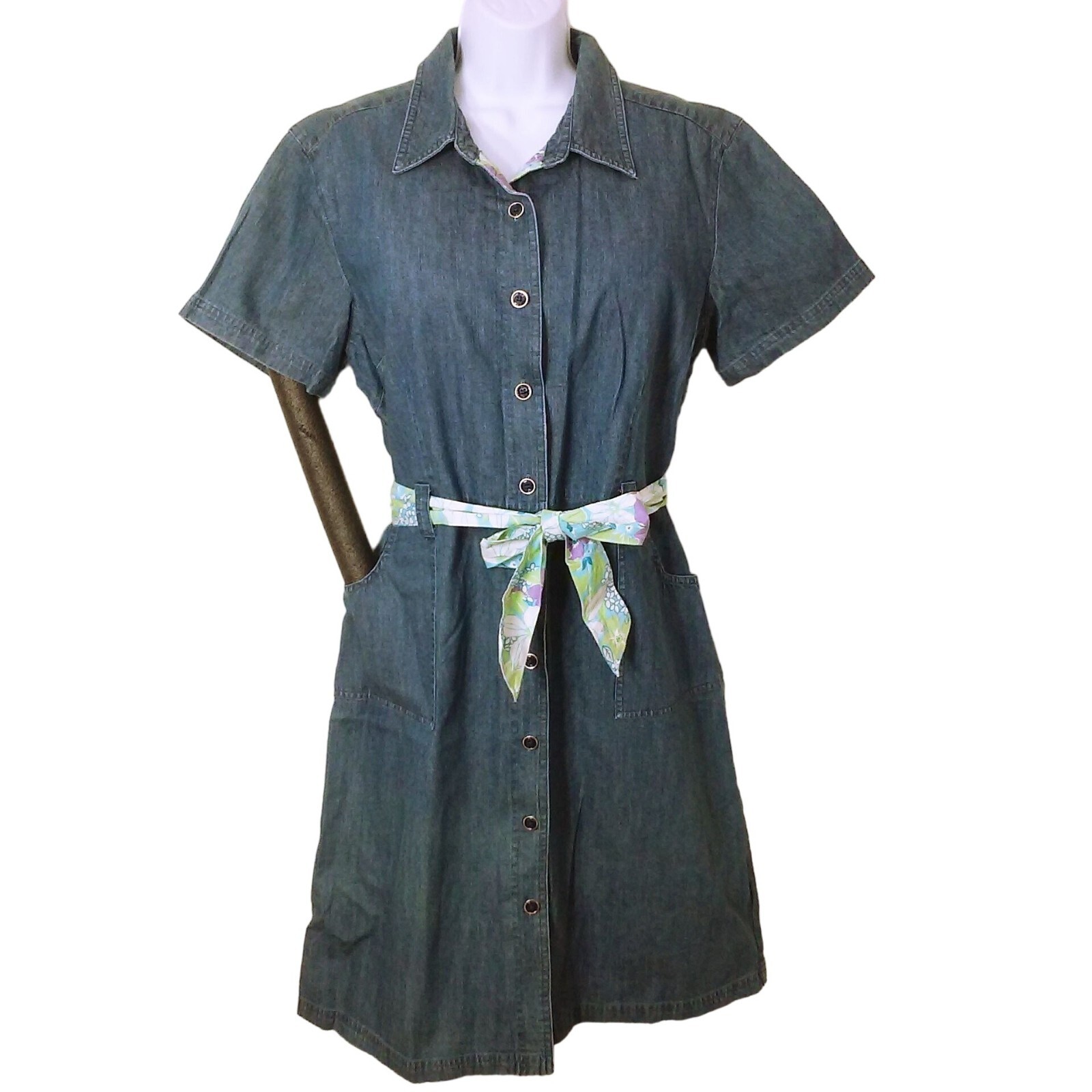 Vintage 90s Erika Denim Button-Front Shirt Dress XL(16) Pockets SSL Floral Belt