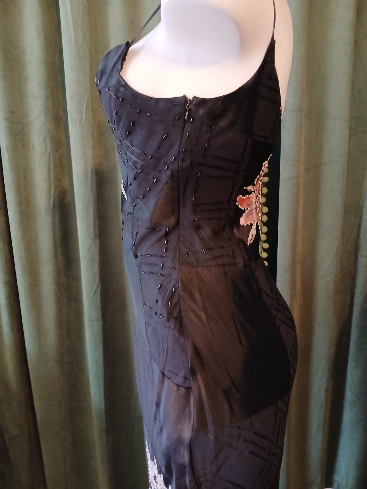 Vintage 90s L’Pogee Black Silk Rayon Floral Beaded Bias Cut Slip Gown Dress 8
