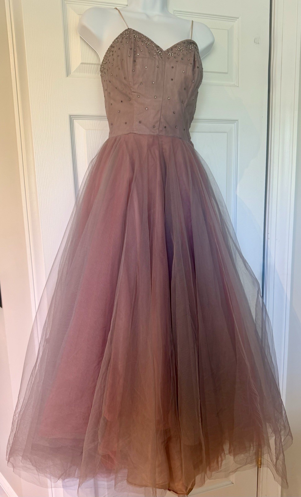 Romantic Custom Vintage Rhinestone Tulle Dusty Rose Evening Party Dress
