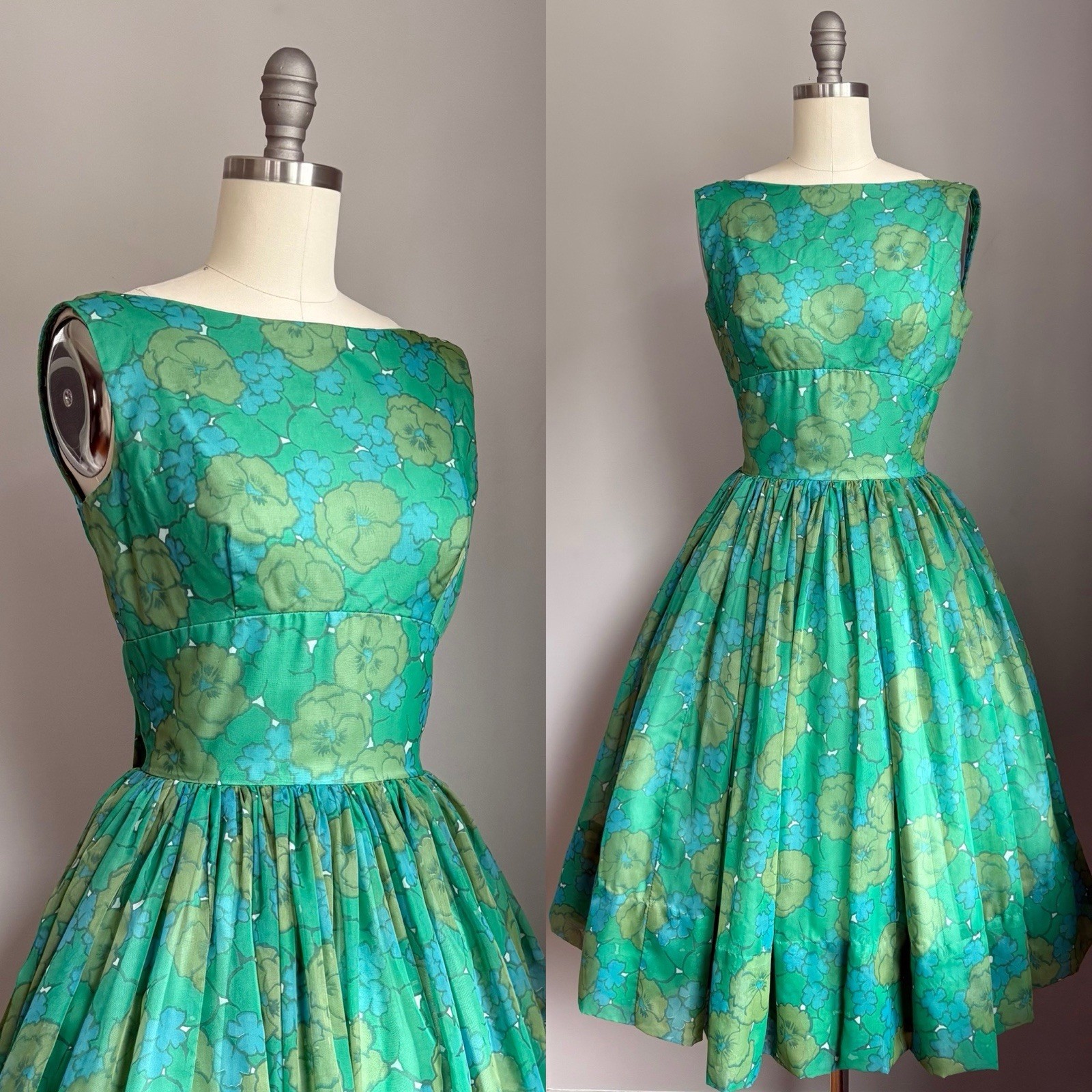 Vintage early 1960’s Blue & Green Floral Chiffon Rockabilly Pinup Party Dress XS