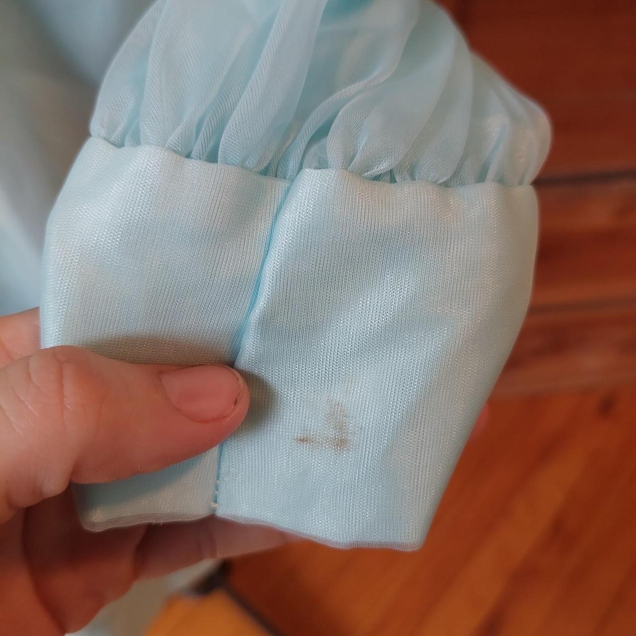Vintage baby blue dress/ tunic with sheer sleeves, lace trim, and pearl buttons.