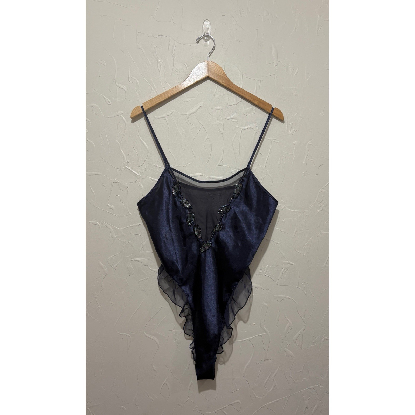 Vintage Victoria’s Secret navy sequins detail satin finish teddy bodysuit (L)
