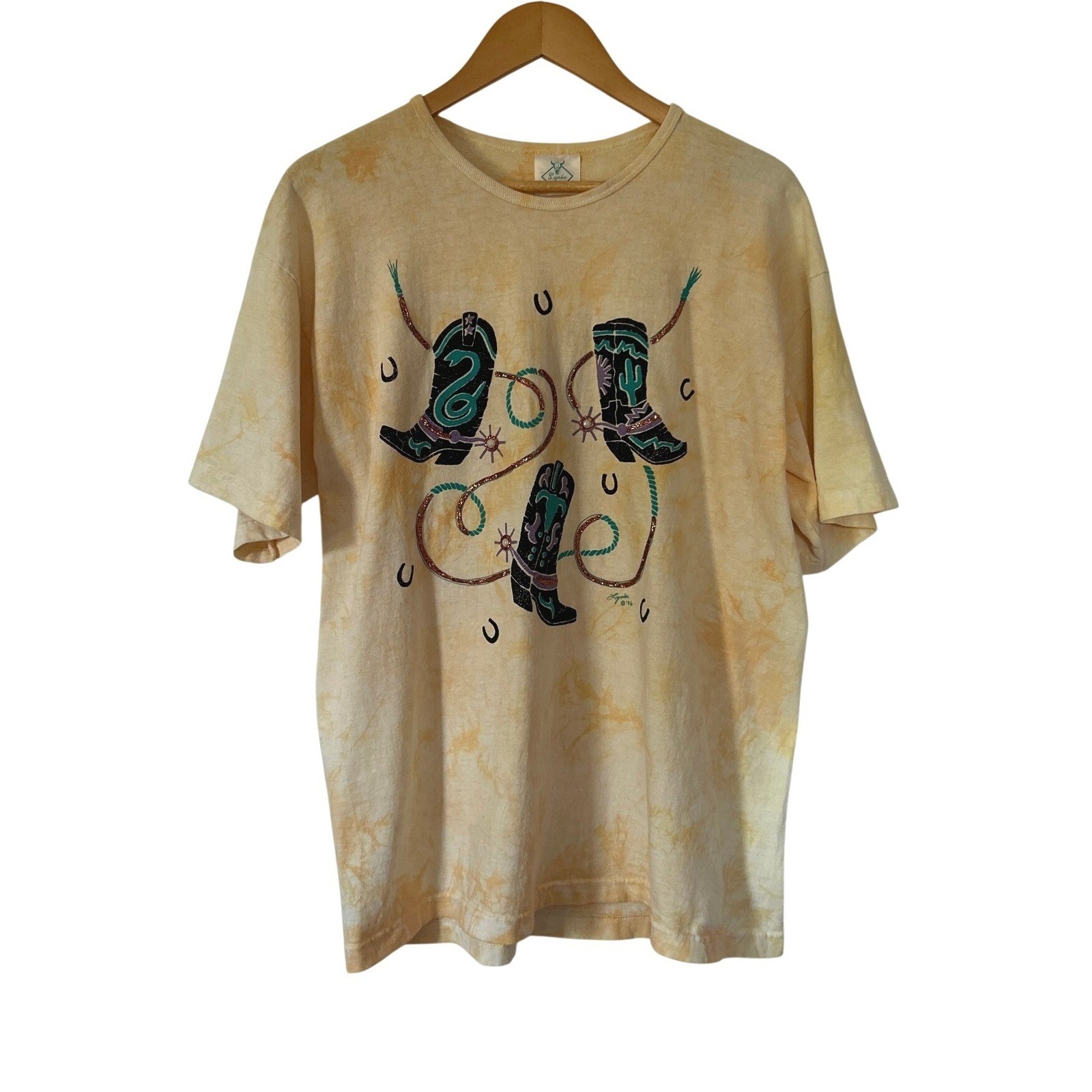 Vintage 90s Cowboy Boots Western T Shirt M Cotton Glitter Puff Paint Lynée USA