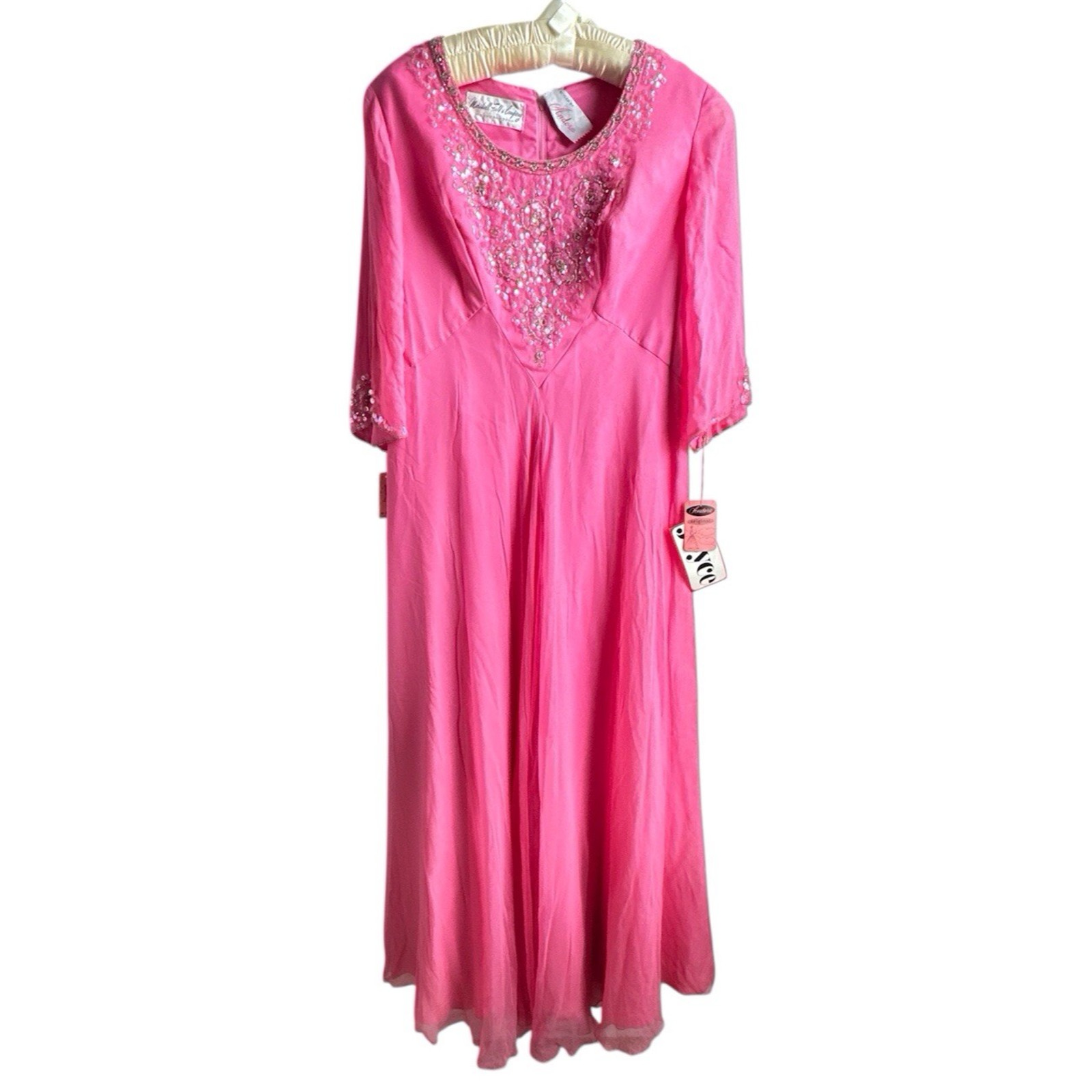 Vtg Styled by Andora Pink Full Length Dress Textured Georgette SZ 20 Bead Trim