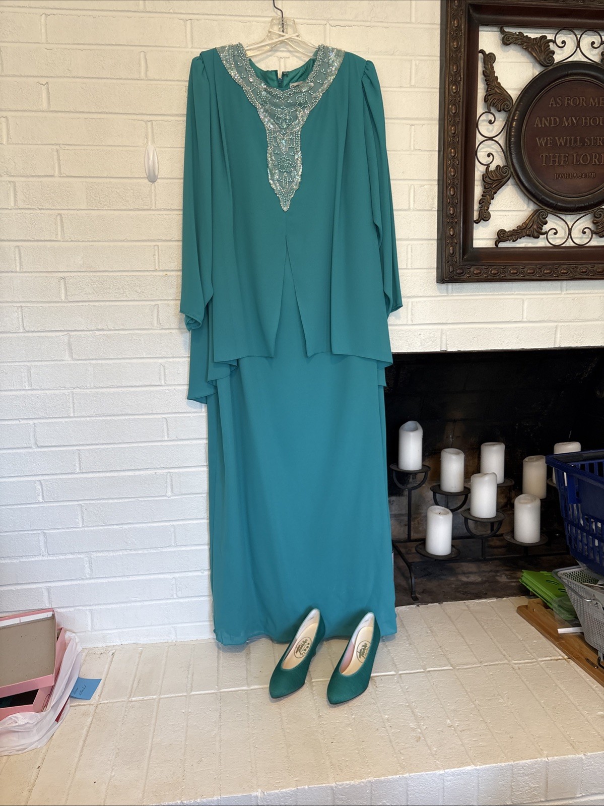 Teal Elegant Maxi Dress Vtg Glitter&Sims 20 1/2 W/Matching Green Satin Pumps