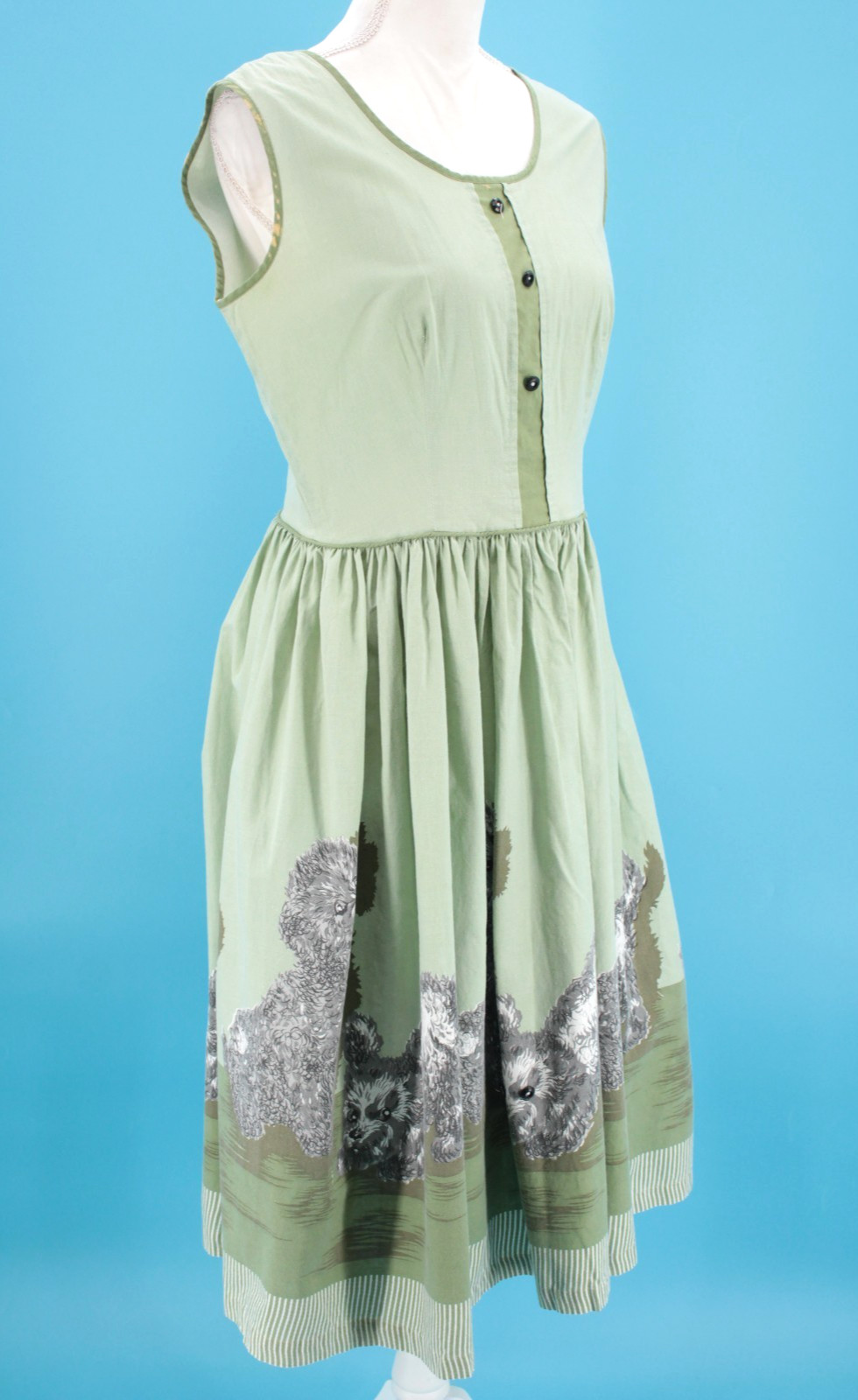 VTG Women’s 50s Sage Green Novelty Puppy Print Cotton Sun Dress S/M 1950s Dog