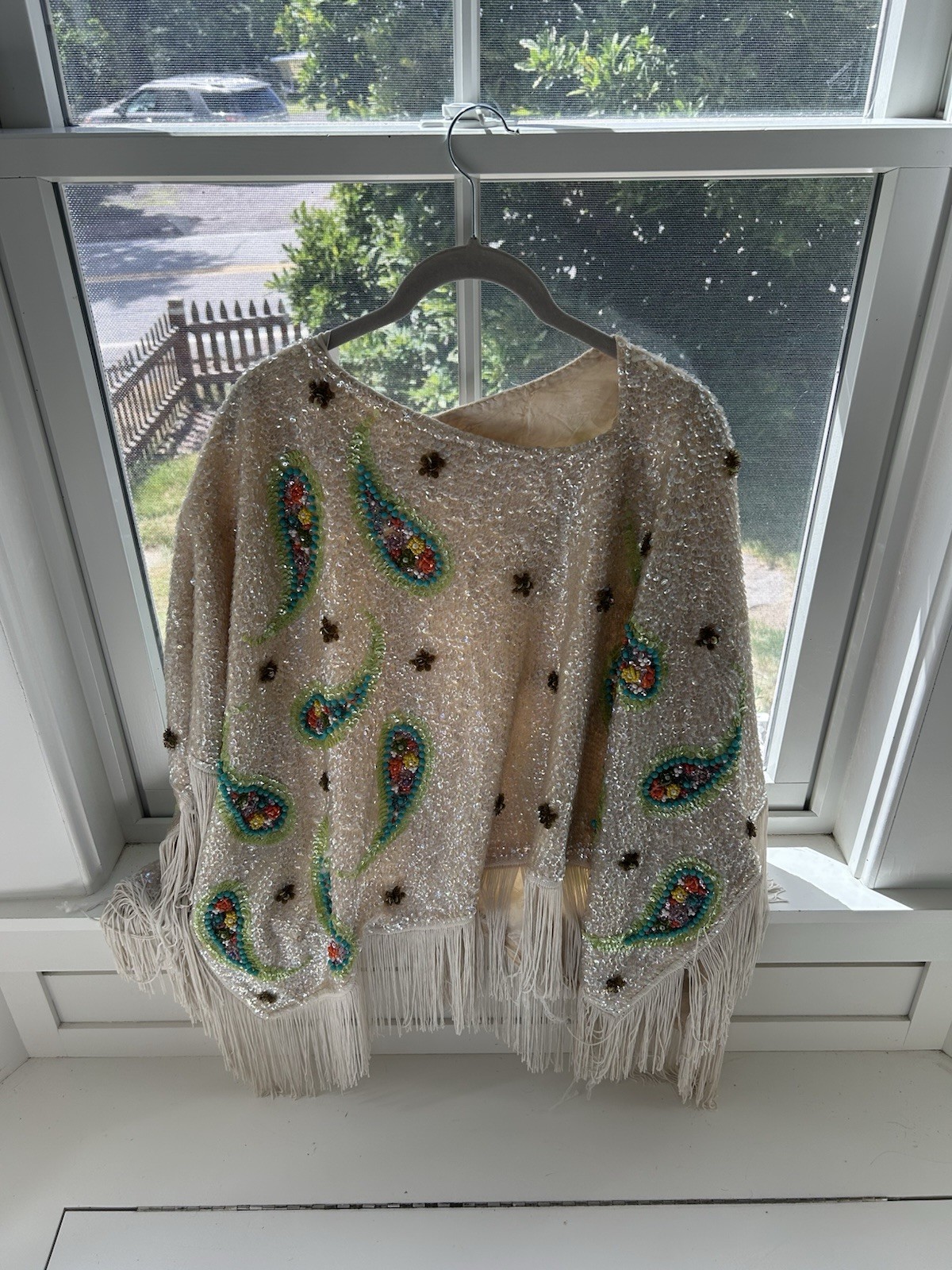 60s-70s Iridescent Sequin Beaded Fringe Poncho/ Ivory Couture Cape Top