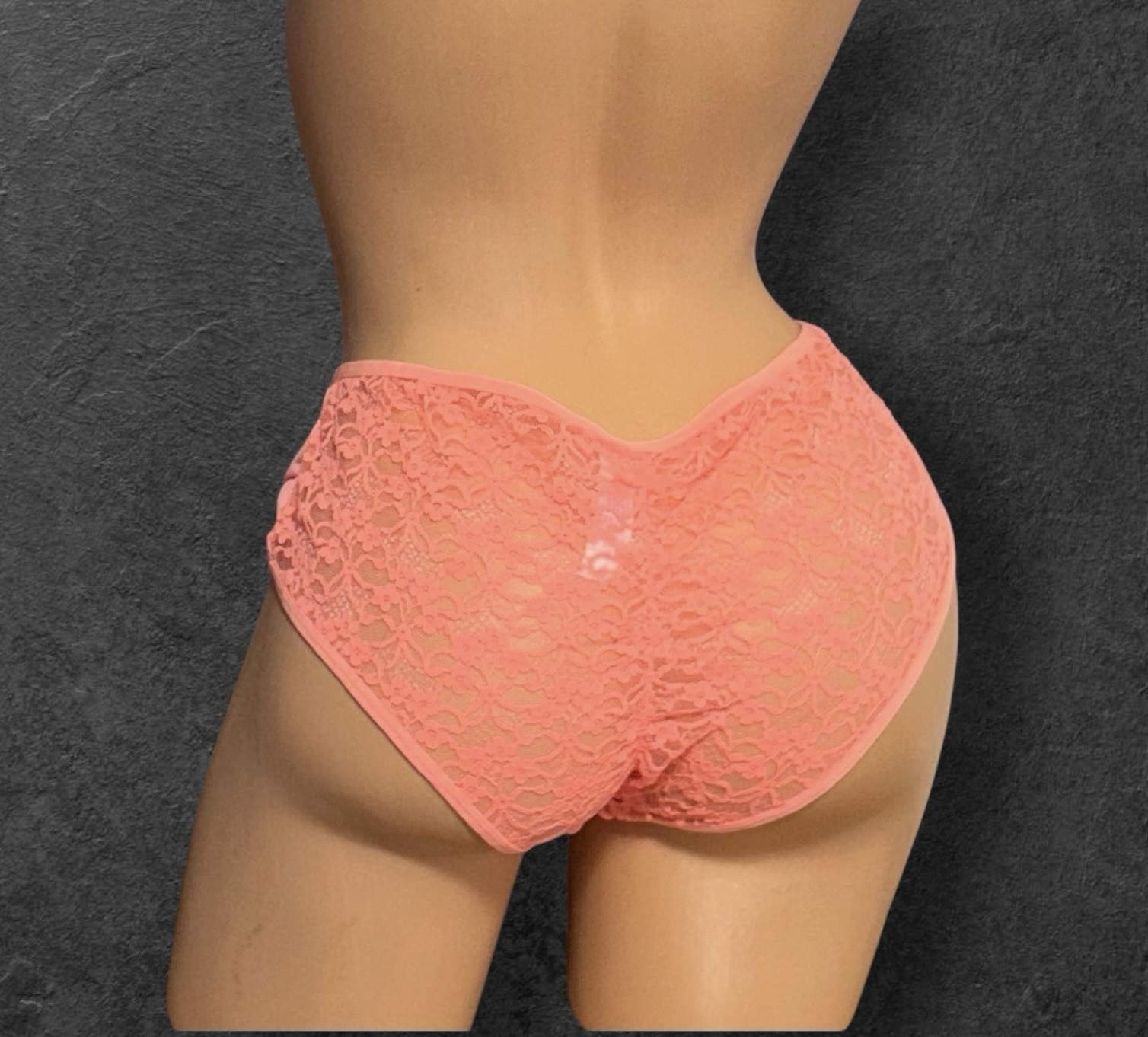 Jasmine & Ginger Peach Silky Front Lace Sheer Back Cheeky Nylon Panties XL/8 NWT