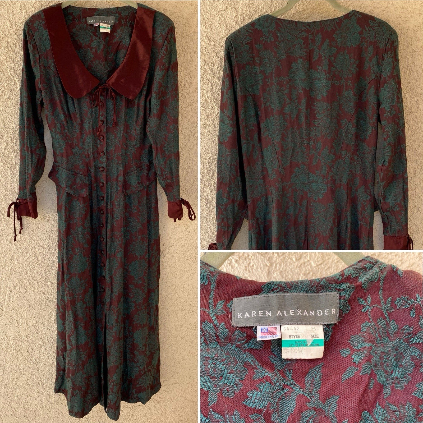 Vintage 80s 90s Karen Alexander Floral Jacquard Maxi Dress Burgundy Green USA 8