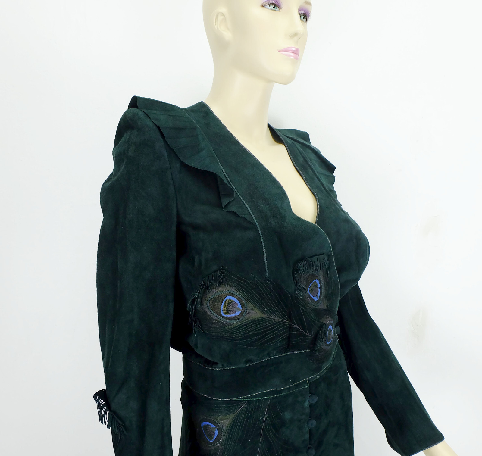 2pc DRESS costume roberto cavalli designer vintage 70s 80s suede green 36