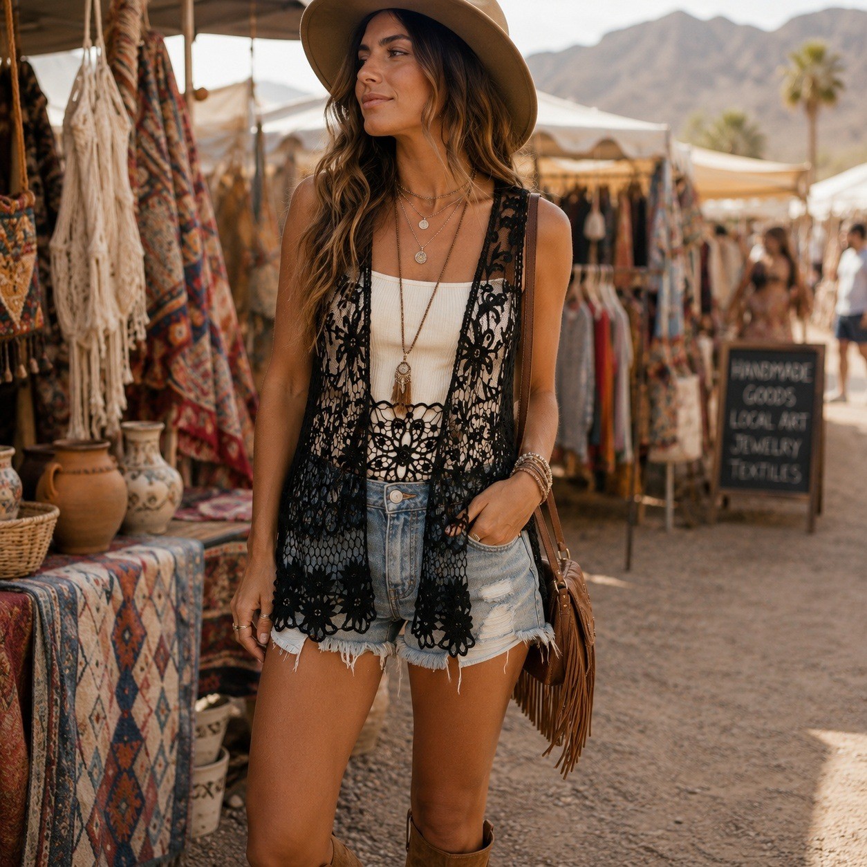 Black Crochet Lace Vest Womens M/L Open Front Boho Festival Sheer Beach Cover Up