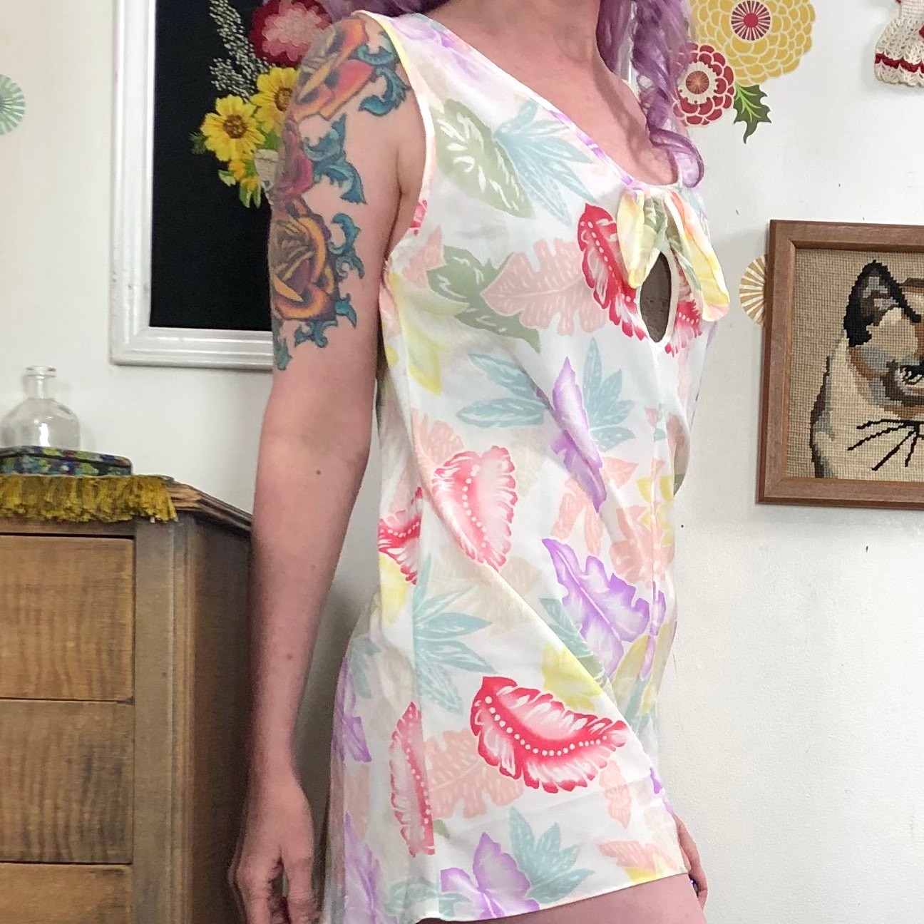 Vintage Floral Lingerie Romper, Sz M Pastel Tropical Print Step In Teddy