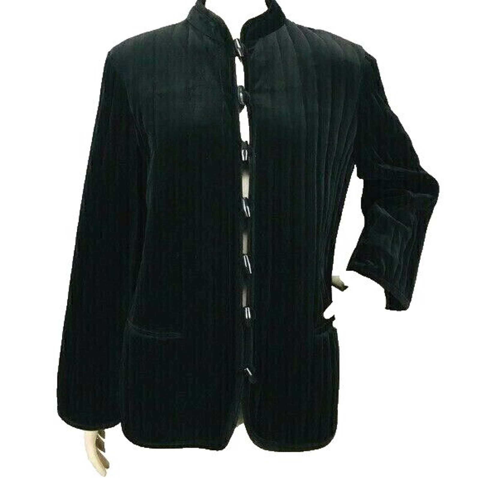 Vintage 60s BUTTE Black Velvet Quilted Mandarin Collar Toggle Coat Size M/L