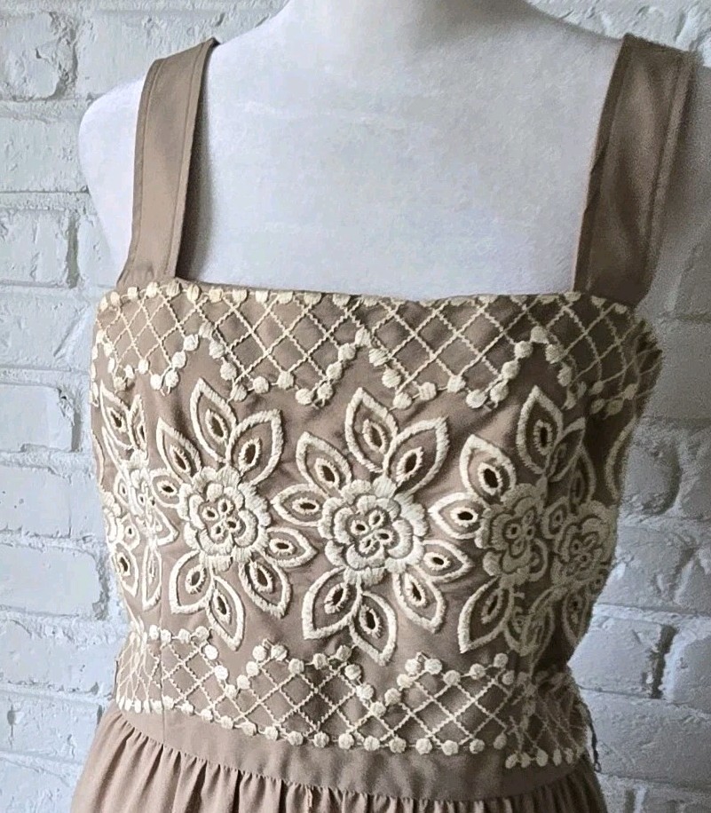 Vtg 70s Tan/Brown 2 Piece Set, Embroidered, Jacket & Dress, Union, M