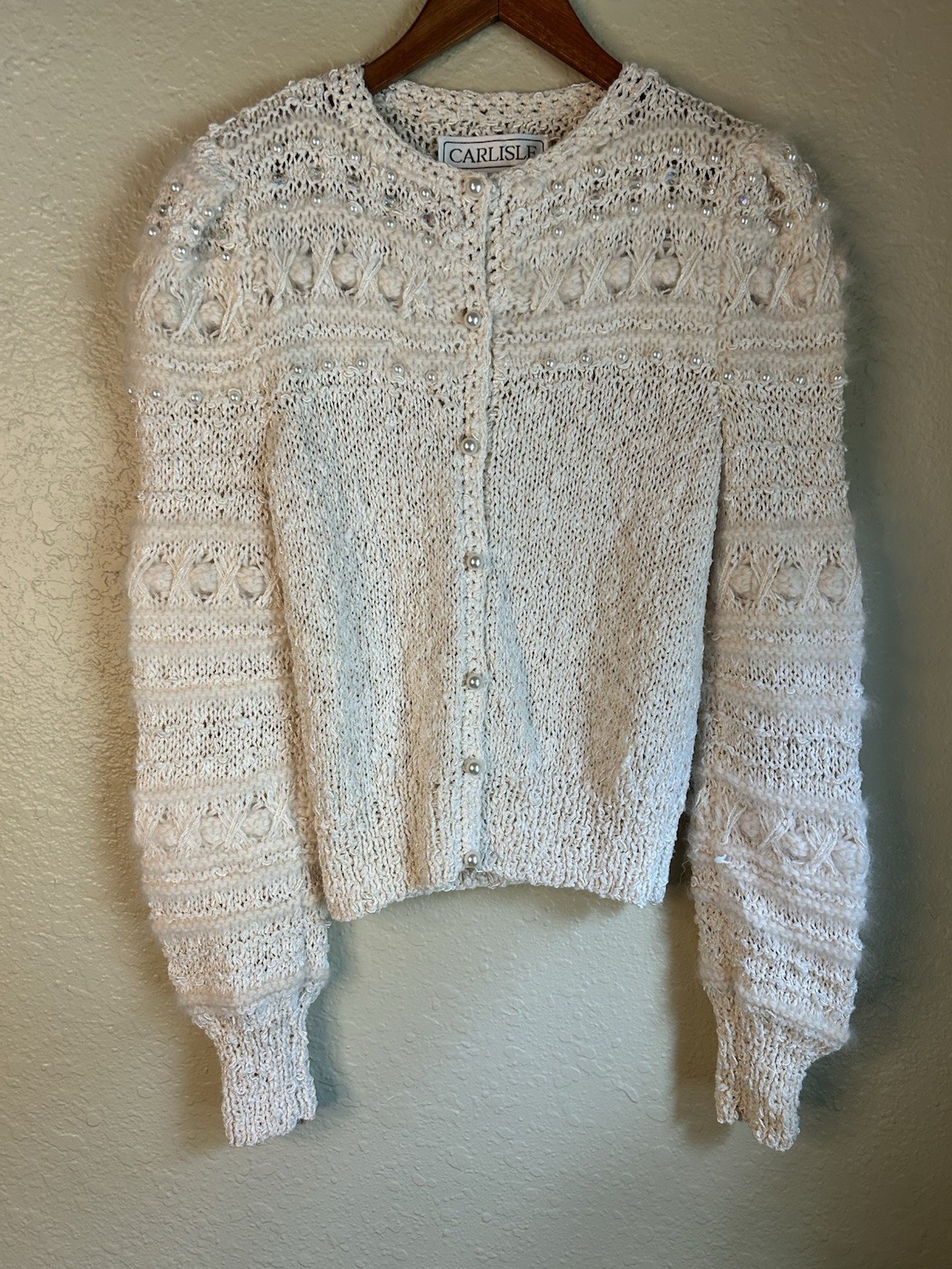 Vintage Crochet Ivory Angora Sparkling Beaded Pearl Button Long Sleeve Sweater
