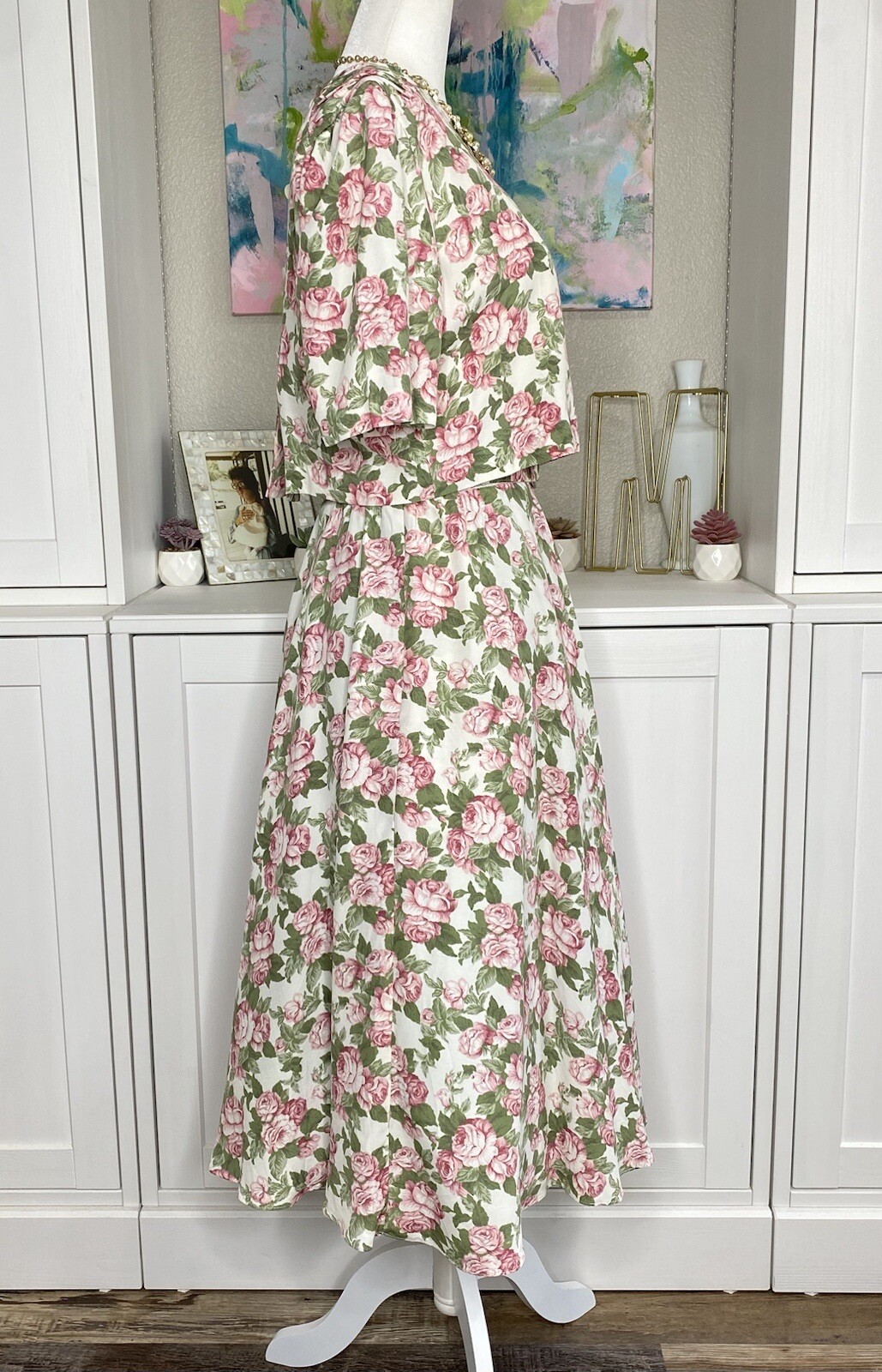 1980s ED Michaels Belted Illusion Dress Florals Rayon Modest Size 9/10 Petite